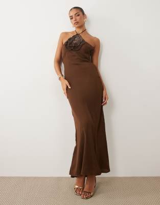 Beauut Satin Embellished Floral Halter Neck Detail Bias Maxi Dress In Brown