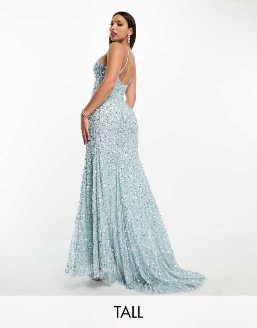 Beauut Tall Bridesmaid all over embellished cami slip maxi dress with train in ice blue