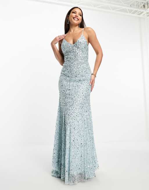 Beauut Tall Bridesmaid allover embellished cami slip maxi dress with train  in ice blue