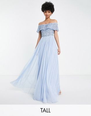 Beauut Tall Bridesmaid bardot embellished maxi dress in light blue