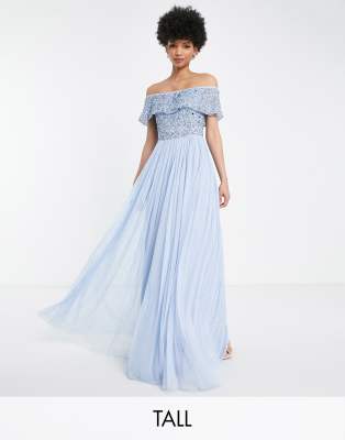Beauut Beauut Tall Bridesmaid bardot embellished maxi dress in light blue
