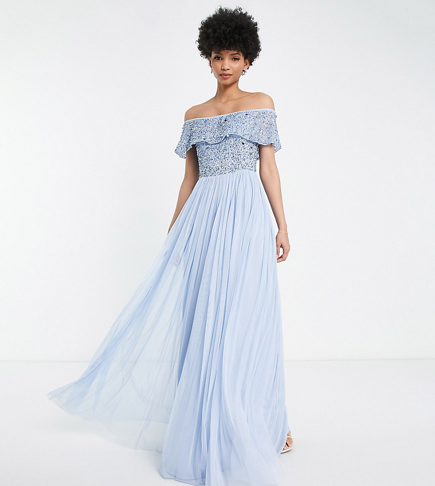 Beauut Tall Bridesmaid bardot embellished maxi dress in light blue