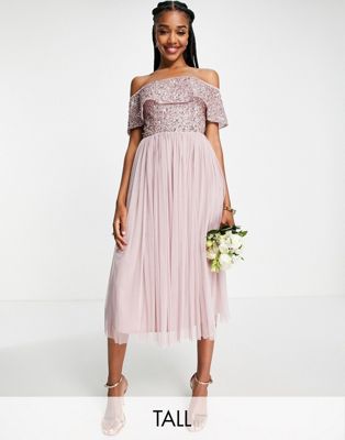 Beauut Tall Bridesmaid bardot embellished midi dress in frosted pink