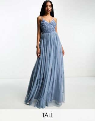Tall Bridesmaid cami 2 in 1 maxi dress with embellished top and tulle skirt in dark blue