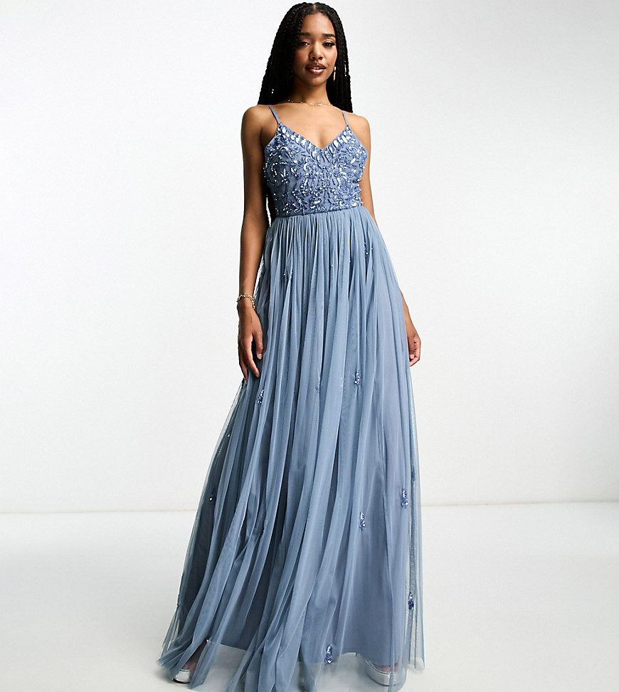 Tall Bridesmaid cami 2 in 1 maxi dress with embellished top and tulle skirt in dark blue
