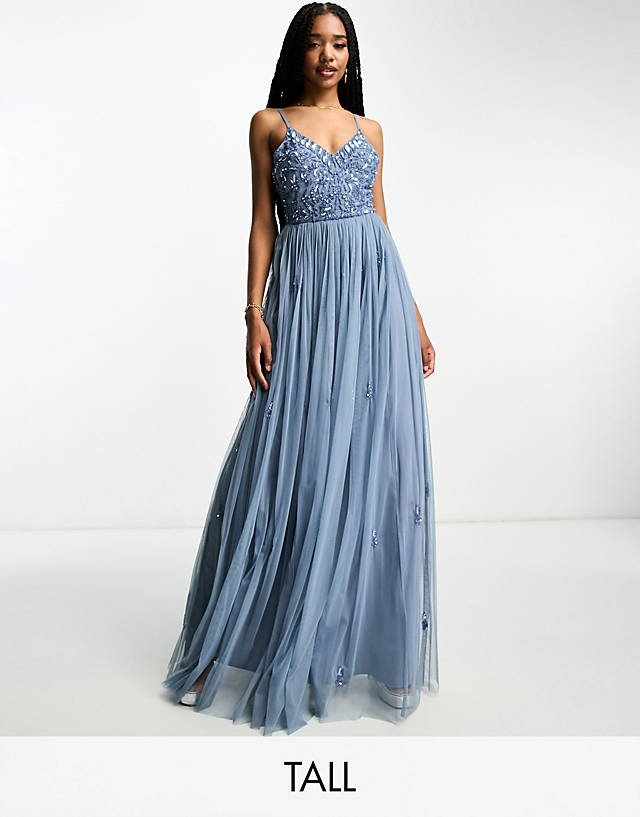 Beauut - tall bridesmaid cami 2 in 1 maxi dress with embellished top and tulle skirt in dark blue