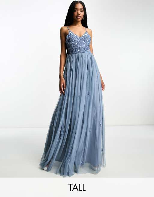 Beauut Tall Bridesmaid cami 2 in 1 maxi dress with embellished top and tulle skirt in dark blue