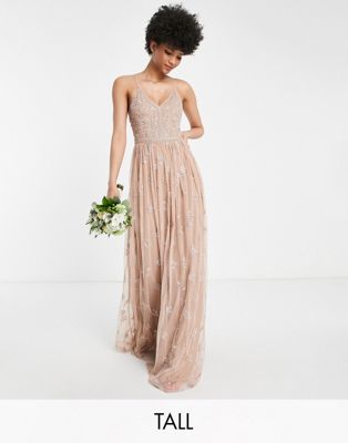 Beauut Tall Bridesmaid delicate embellished maxi dress with tulle skirt in taupe