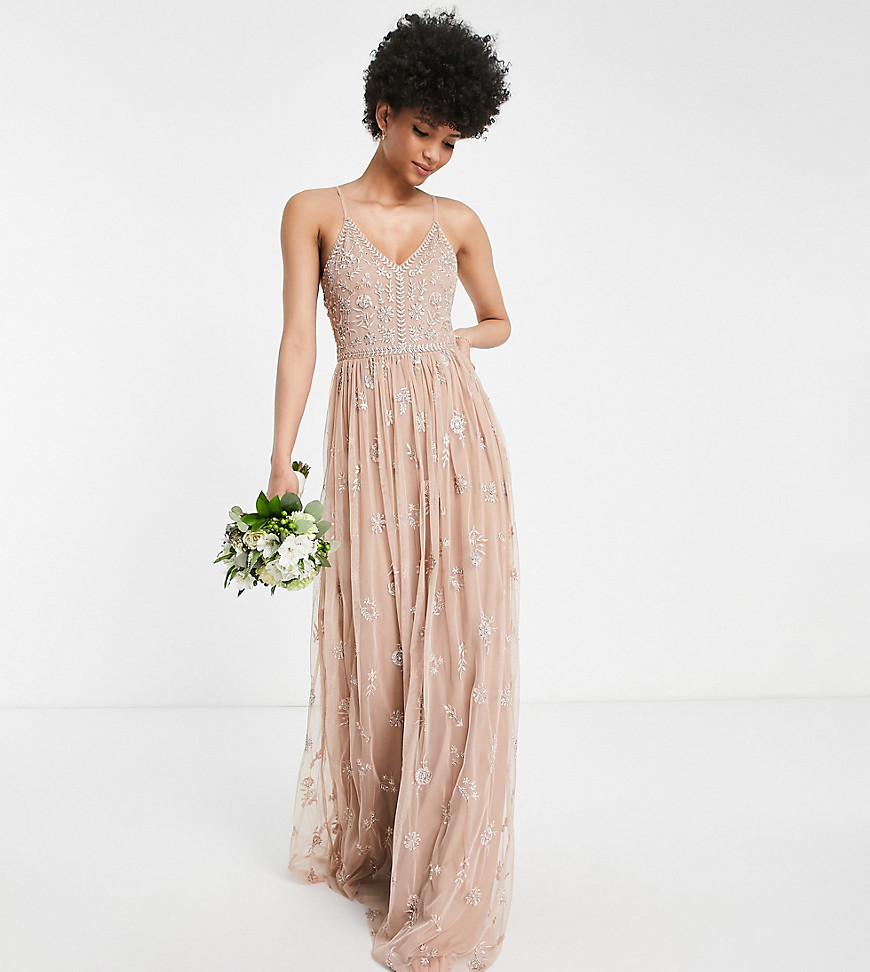 Beauut Tall Bridesmaid delicate embellished maxi dress with tulle skirt in taupe-Neutral