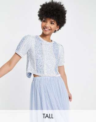 Beauut Tall Bridesmaid embellished crop top in light blue co-ord - ASOS Price Checker