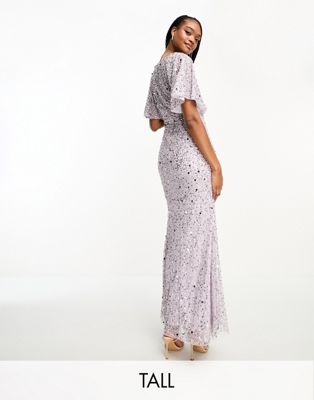 Beauut Tall Bridesmaid Embellished Maxi Dress With Flutter Sleeve In Lilac-purple