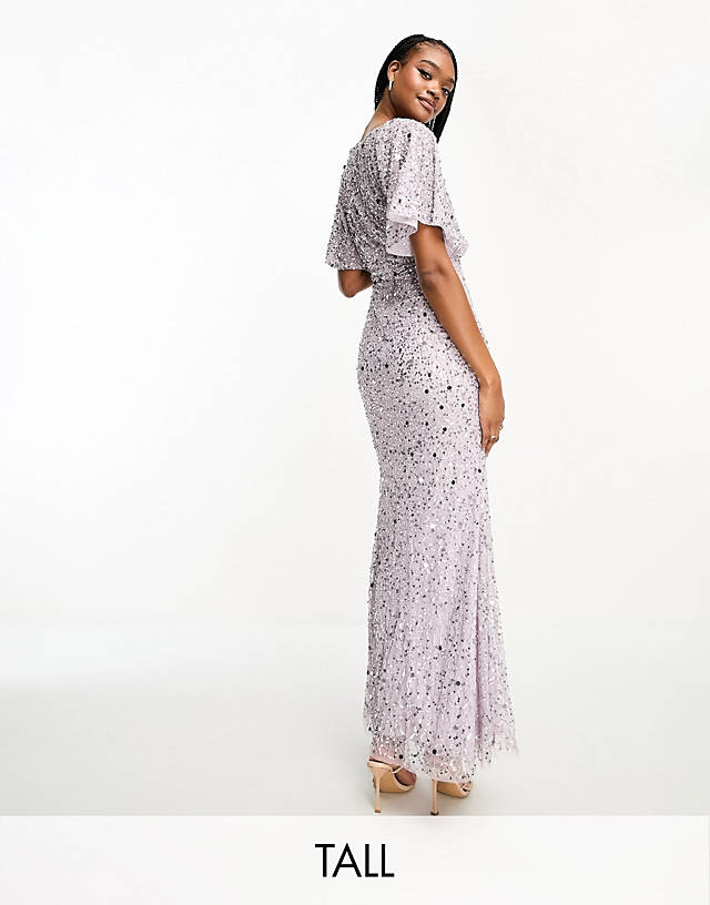 Beauut - tall bridesmaid embellished maxi dress with flutter sleeve in lilac