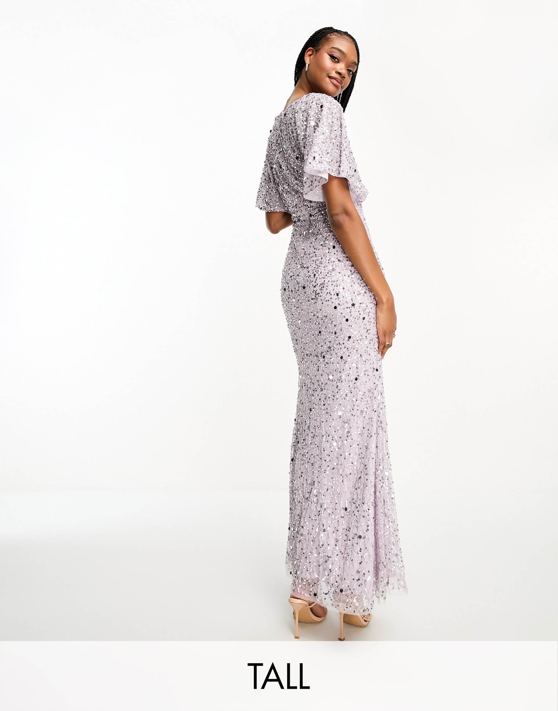 beauut tall bridesmaid embellished maxi dress with flutter sleeve in lilac