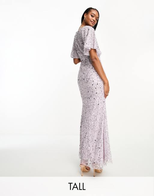 Beauut Tall Bridesmaid embellished maxi dress with flutter sleeve in lilac ASOS