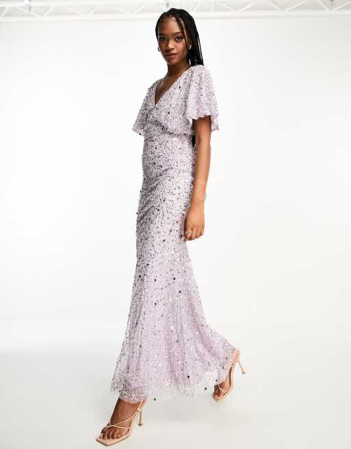 Beauut Tall Bridesmaid embellished maxi dress with flutter sleeve in lilac