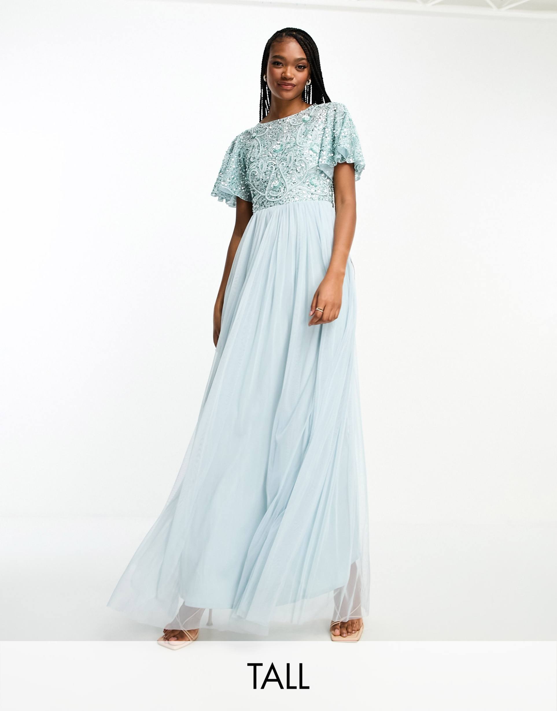 beauut tall bridesmaid embellished maxi dress with open back detail in ice blue