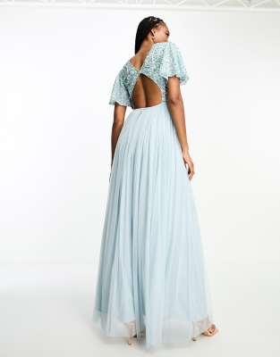 Beauut Tall Bridesmaid embellished maxi dress with open back detail in ice  blue | ASOS