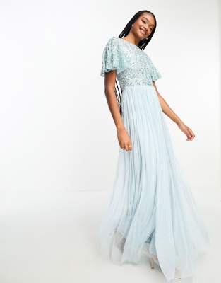 Beauut Tall Bridesmaid embellished maxi dress with open back detail in ice  blue | ASOS