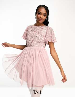 Beauut Tall Bridesmaid Embellished Mini Dress With Open Back Detail In Frosted Pink