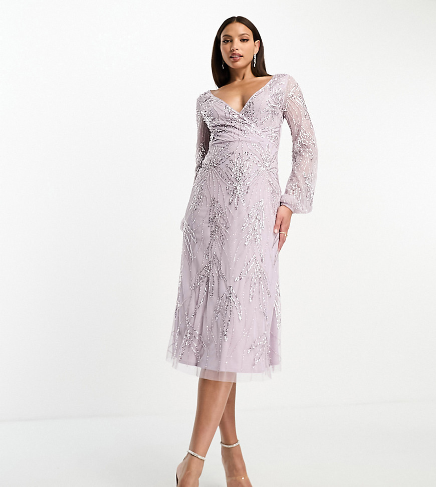 Tall Bridesmaid embellished wrap front midi dress in lilac-Purple