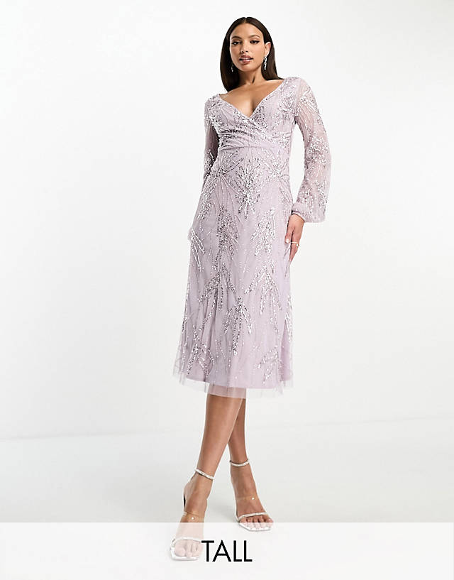 Beauut - tall bridesmaid embellished wrap front midi dress in lilac