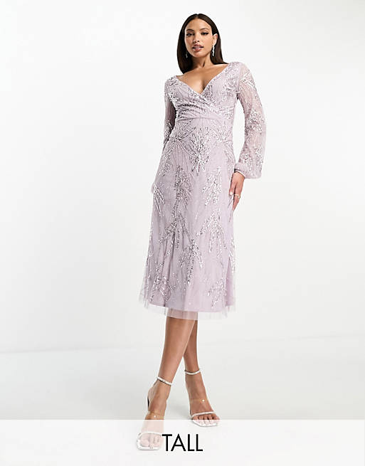 Beauut Tall Bridesmaid embellished wrap front midi dress in lilac | ASOS