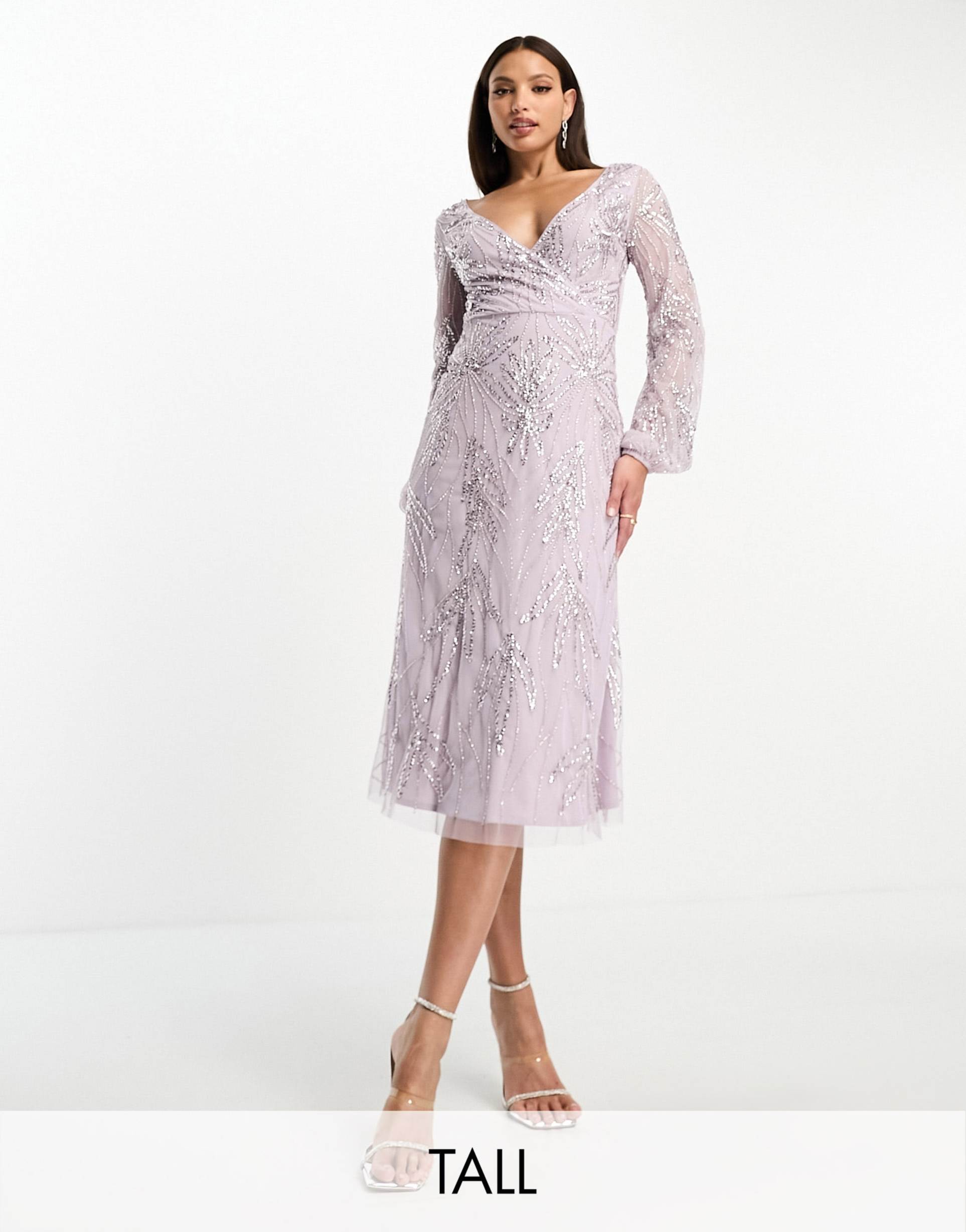 beauut tall bridesmaid embellished wrap front midi dress in lilac