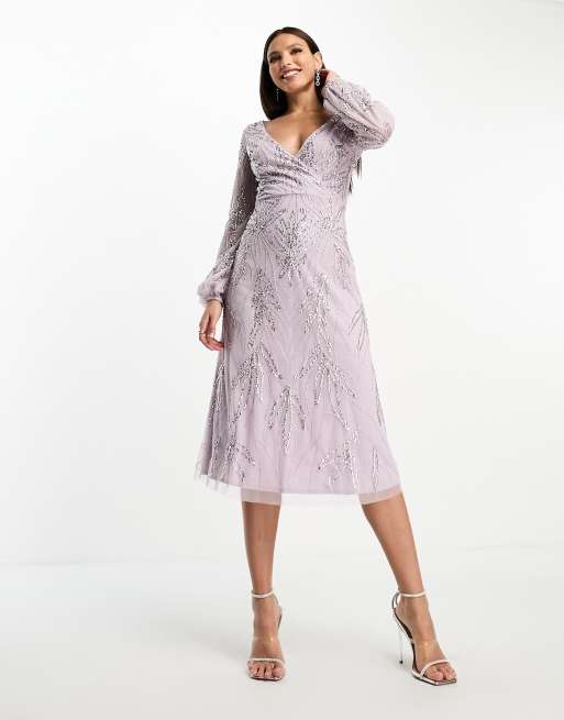 Beauut Tall Bridesmaid embellished wrap front midi dress in lilac