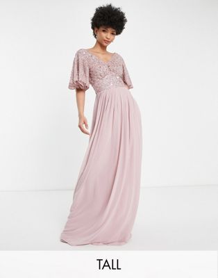 Beauut Tall Bridesmaid emellished bodice maxi dress with flutter sleeve in frosted pink