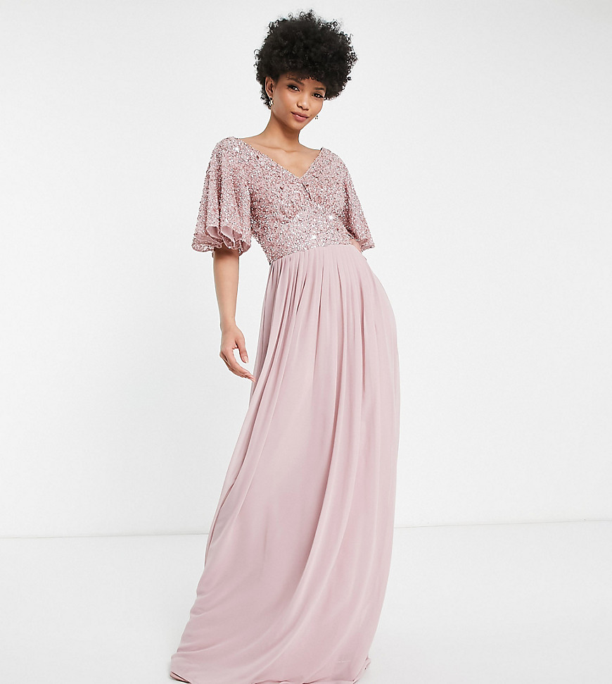 Beauut Tall Bridesmaid emellished bodice maxi dress with flutter sleeve in frosted pink
