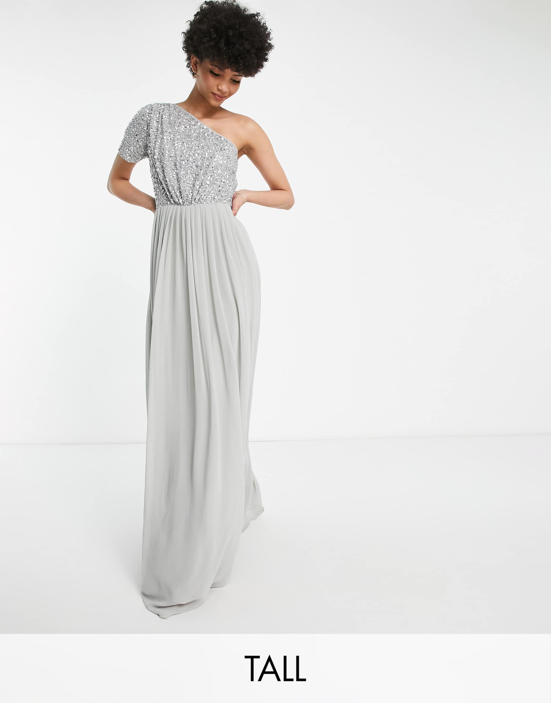 beauut tall bridesmaid emellished bodice one- shoulder maxi dress in gray