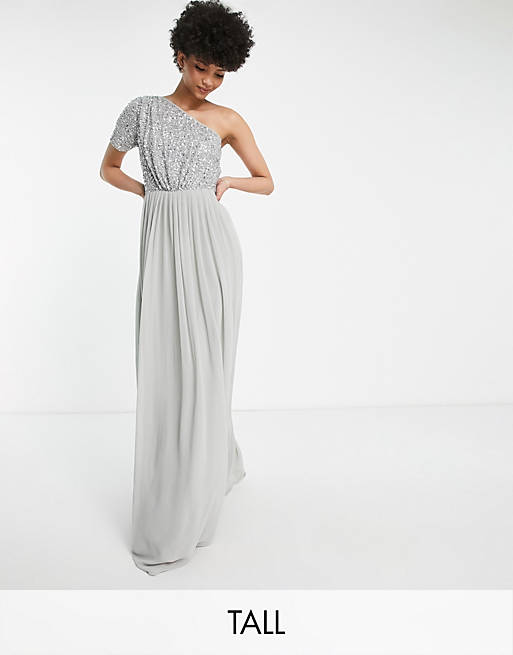 Beauut Tall Bridesmaid emellished bodice one shoulder maxi dress in grey