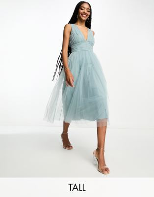 Tall Bridesmaid midi tulle dress in misty green