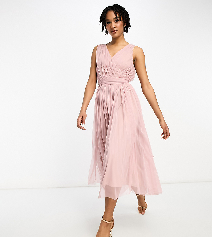 Tall Bridesmaid midi tulle with bow back in frosted pink