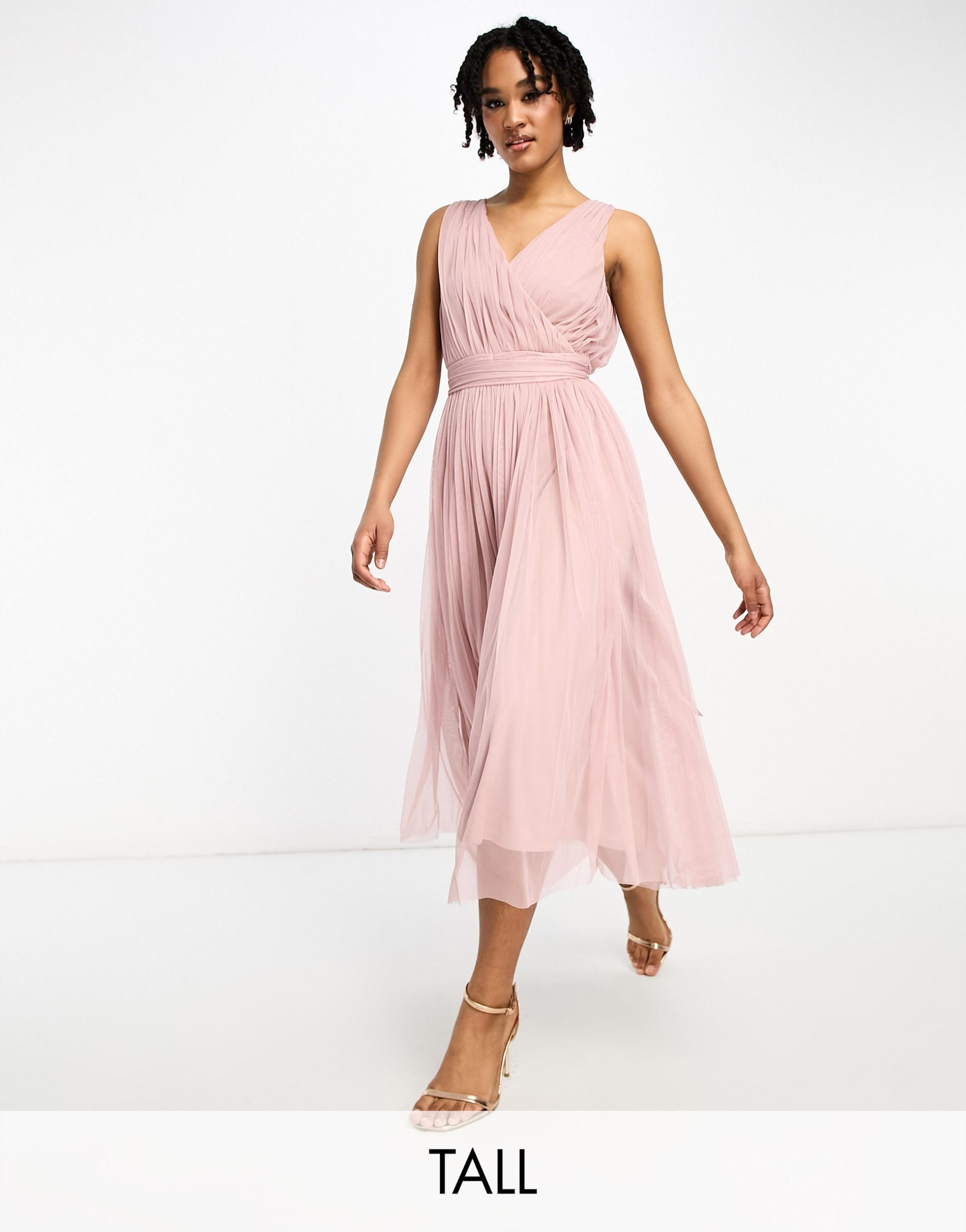 beauut tall bridesmaid midi tulle with bow back in frosted pink