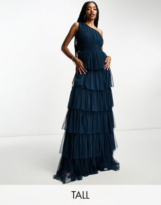 Tall Bridesmaid one shoulder tiered maxi dress in navy