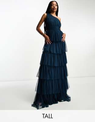 Beauut Beauut Tall Bridesmaid one shoulder tiered maxi dress in navy