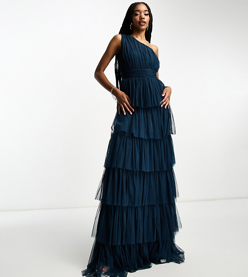 Beauut Tall Bridesmaid one shoulder tiered maxi dress in navy