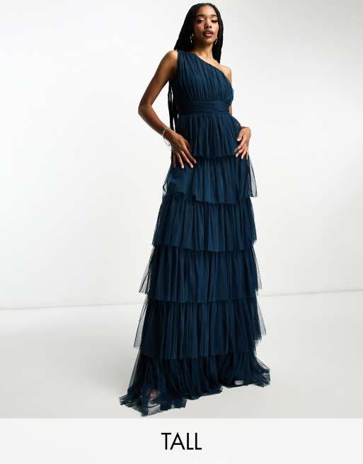 Going with Elegance Navy Blue Satin Tiered Maxi Dress