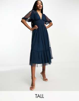 ClassicfuncenterShops | Maxi Bow Dress | Beauut Tall Bridesmaid tulle midi  dress with flutter sleeve in navy