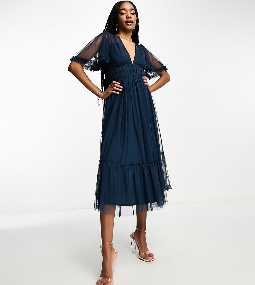 Tall Bridesmaid tulle midi dress with flutter sleeve in navy