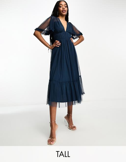 Beauut Tall Bridesmaid tulle midi dress with flutter sleeve in navy ASOS