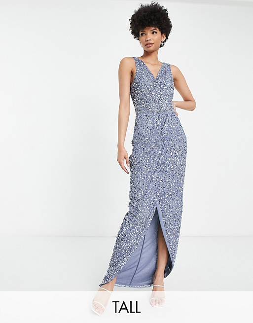 Beauut Tall Bridesmaid wrap maxi dress in dark blue 