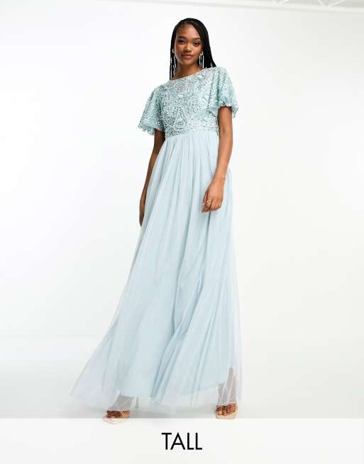 Beauut Tall - Bruidsmeisjes - Maxi-jurk met open achterkant en versiering in ijsblauw 