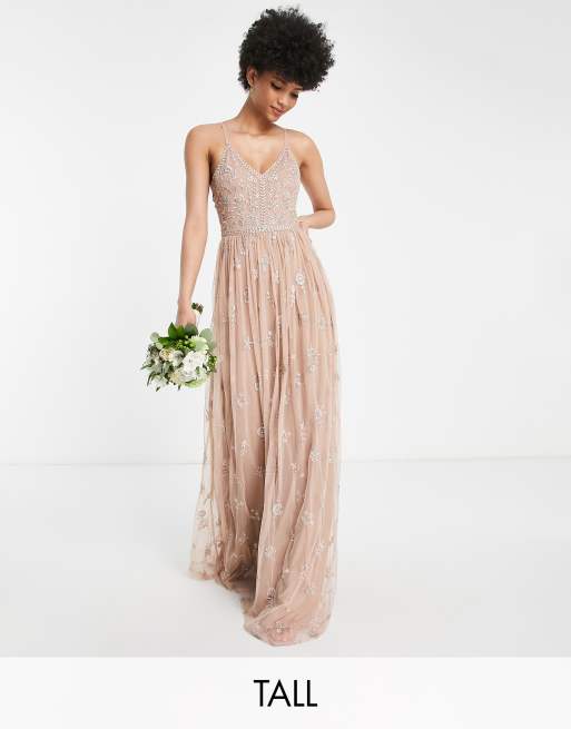 Beauut Tall - Robe mi-longue ornementée et délicate pour demoiselle d'honneur avec jupe en tulle - Taupe