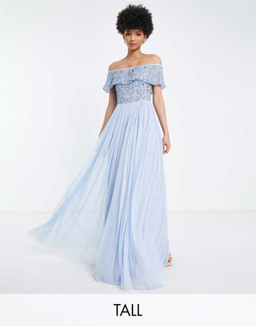 Beauut Tall - Vestito lungo da damigella con scollo Bardot e decorazioni, colore azzurro 