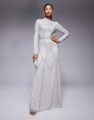 Tia beaded high neck maxi dress in light gray
