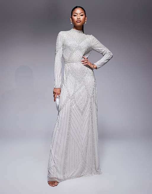 knee length dresses for ladies Lotus Embellished Maxi Dress in Chocolate Brown Lace & Beads