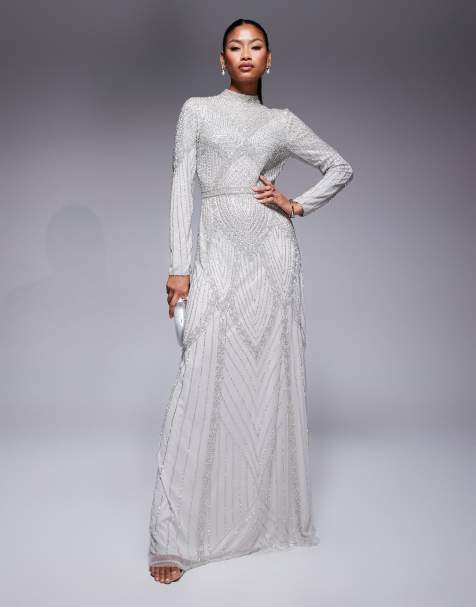 Beauut Tia beaded high neck maxi dress in light grey