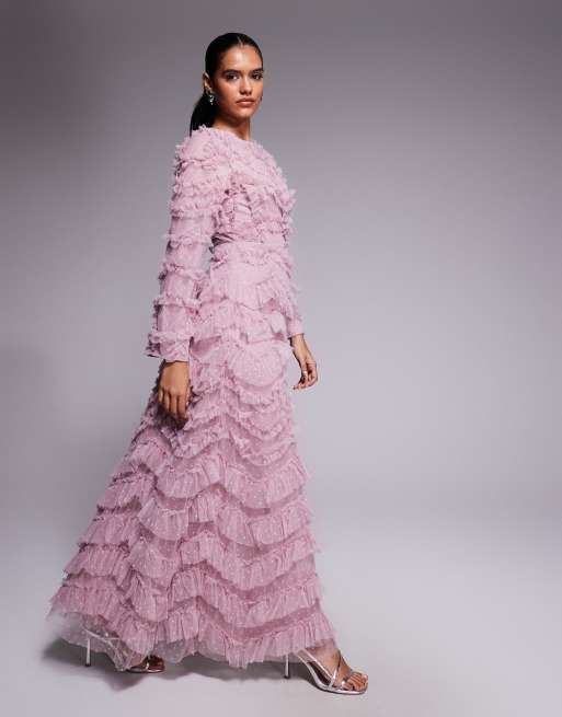 Beauut tulle ruffle detail tiered maxi dress in pink, 3 of 4